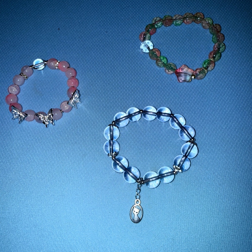 Beaded Bracelet Set NEW Butterfly Cat Star Charms Pastel